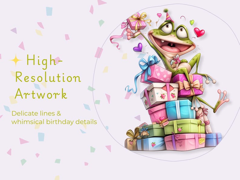 High resolution birthday artwork featuring a cute watercolor frog sitting on stacked gift boxes, detailed whimsical birthday illustration from the Birthday Cuties animal clipart bundle, fine lines and festive party details