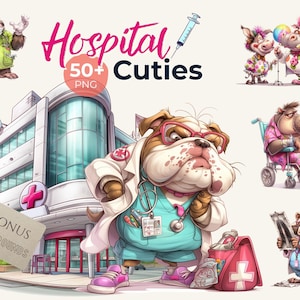 Könnte beinhalten: Eine digitale Sammlung von Hospital Cuties Grafiken mit Zeichentricktieren in medizinischer Kleidung, darunter ein Bulldoggen-Arzt, ein Waschbär mit Röntgenbild, ein Flusspferd im Rollstuhl und ein Affe, sowie ein Krankenhausgebäude.