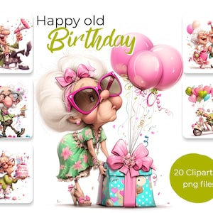 20 Whimsical Grandma & Grandpa Birthday Clipart Bundle – Funny Elderly Couple Party Illustrations | Happy Birthday PNG Set, Digital Download