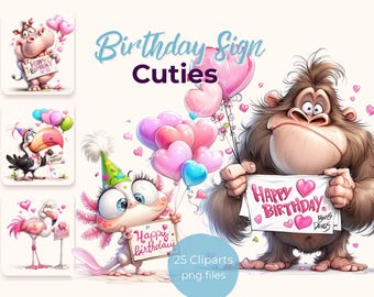 Birthday Sign Cuties – Cute Animal Happy Birthday Signs Clipart PNG, Kids Birthday Cards, Party Decor Design, Printable Art