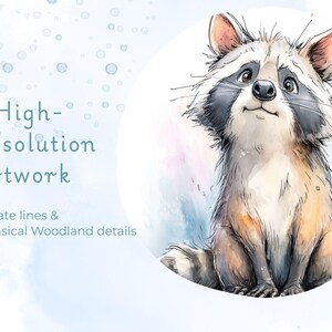 High resolution watercolor raccoon illustration from a magical woodland animals nursery clipart set, soft pastel colors and hand drawn style for baby room decor