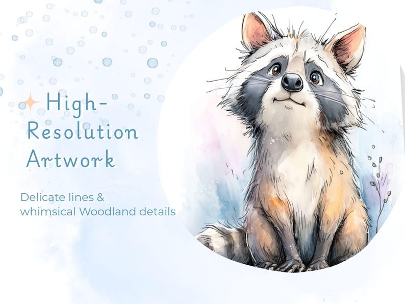 High resolution watercolor raccoon illustration from a magical woodland animals nursery clipart set, soft pastel colors and hand drawn style for baby room decor