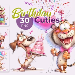 Birthday Cuties bundle cover showing cute watercolor animals celebrating a birthday, happy tiger with balloon, dog holding a pink birthday cake, mouse and frog party characters, colorful confetti, children’s birthday clipart bundle with 30 PNG files, cute animal birthday illustrations for kids, party decorations and invitations