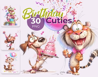 Birthday Cuties Bundle – Cute Birthday Animal Cartoon Clipart, Funny Party Animals PNG, Printable Cards & Crafts (30 Designs)