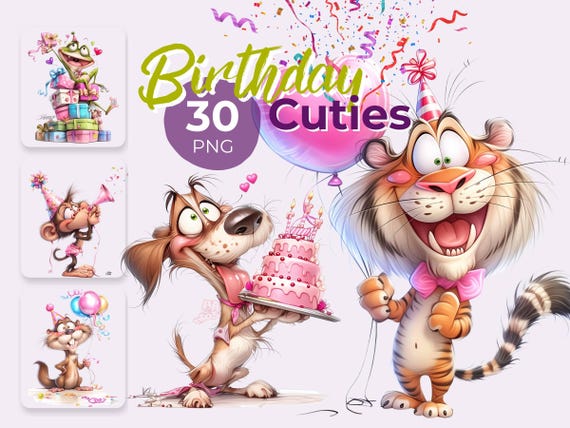 Birthday Cuties Bundle – Cute Birthday Animal Cartoon Clipart, Funny Party Animals PNG, Printable Cards & Crafts (30 Designs)
