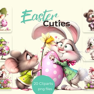 Könnte beinhalten: Eine Sammlung von Ostern-Clipart mit niedlichen Tierfiguren. Das Bild zeigt ein Kaninchen, eine Maus, einen Bären, ein Schaf und ein Küken, die jeweils Ostereier oder Blumen halten. Der Text "Easter Cuties" ist in einer verspielten Schriftart dargestellt.