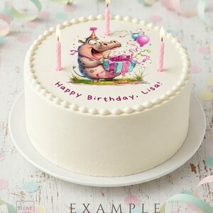 Cute birthday animal clipart hippo printed on cake decoration with candles, funny cartoon design for birthday cakes, party decor and celebration ideas