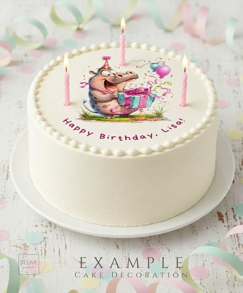 Cute birthday animal clipart hippo printed on cake decoration with candles, funny cartoon design for birthday cakes, party decor and celebration ideas