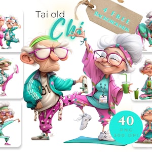 Könnte beinhalten: Digitale Illustration von zwei älteren Menschen, die Tai Chi praktizieren. Die Charaktere tragen Sportkleidung in Rosa-, Türkis- und Weißtönen. Das Bild enthält den Text "Tai old Chi" und ein Etikett mit der Aufschrift "4 FREE BACKGROUNDS".