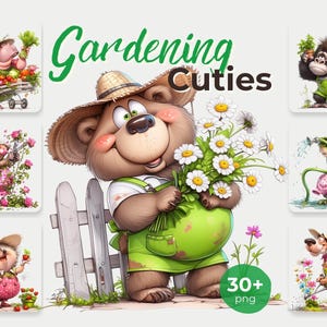 Gardening Animals Clipart Bundle | Cute Garden Animals PNG | Funny Gardening Cuties | Flower & Vegetable Clipart for Cricut, Stickers, Cards