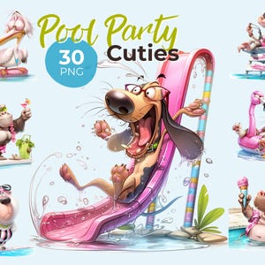 May include: A digital illustration featuring cartoon animals enjoying a pool party. A dog slides down a pink water slide, while other animals, including a pelican, gorilla, cat, and hippo, relax with drinks and ice cream. The image includes the text "Pool Party Cuties 30 PNG."
