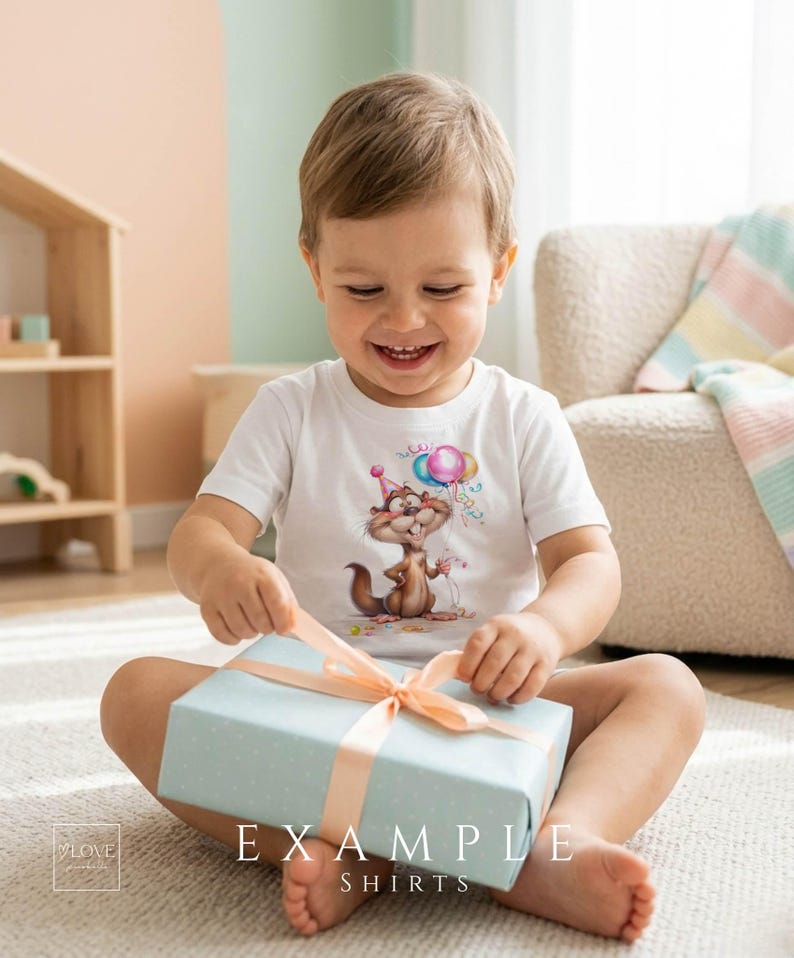 Toddler wearing white t-shirt with cute birthday animal clipart opening a gift, funny cartoon design for kids shirts, party outfits and birthday projects