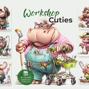 Pode incluir: Conjunto de cliparts digitais intitulado "Workshop Cuties" com animais de desenho animado como mecânicos. A imagem principal mostra um hipopótamo com ferramentas e um carrinho. Outras imagens incluem um macaco, um urso, um guaxinim, um porco e um castor, todos com ferramentas. O conjunto inclui 30 cliparts com fundo transparente.