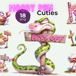 Puede incluir: Una colección de ilustraciones digitales con personajes antropomórficos con expresiones humorísticas. Las imágenes incluyen un cangrejo, un pez, una serpiente, un cerdo, un aguacate, un pato y una magdalena, cada uno sosteniendo letreros con juegos de palabras. También está presente el texto "MOODY PUN Cuties" y "18 png".