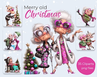 35 Whimsical Grandma & Grandpa Christmas Clipart Bundle – Merry Old Christmas | Funny Elderly Couple Illustrations, PNG, Digital Download