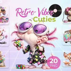 Retro Vibes Animals Clipart Bundle | 80s Retro Cuties PNG | Arcade, Rubiks Cube, Jukebox, Boombox | Retro Printable Stickers, Cards & Crafts