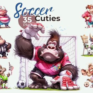 Puede incluir: Una colección digital de 35 ilustraciones PNG titulada Soccer Cuties, que muestra animales de dibujos animados con equipo de fútbol, incluyendo un gorila portero, un mono árbitro, rinocerontes con letreros y un perro.