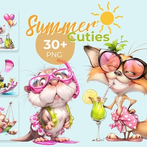 かわいい夏の動物のクリップアート、カード、シャツ、クラフト用の面白い漫画動物イラスト、気まぐれな夏のかわいい動物のPNGバンドル