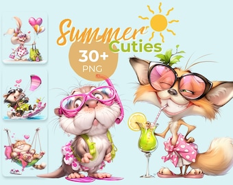 Cute Summer Animals Clipart, Funny Cartoon Animal Illustrations for Cards, Shirts & Crafts, Whimsical Summer Cuties PNG Bundle