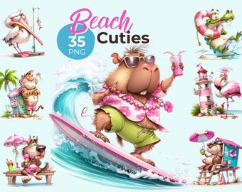Beach Cuties Clipart Bundle PNG – Cute Summer Animals, Tropical Vacation Clipart, Funny Animal Illustrations, Cricut Sublimation Designs