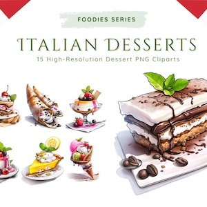 Könnte beinhalten: Illustration verschiedener italienischer Desserts, darunter Tiramisu, Cannoli und Panna Cotta. Das Bild zeigt den Text "Italian Desserts" und "Foodies Series". Die Desserts sind farbenfroh und detailliert, mit frischen Früchten und Kaffeebohnen.