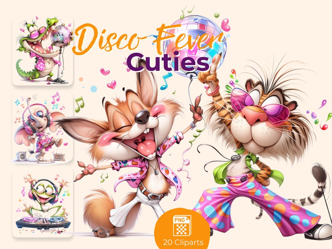 Cute Disco Party Animal Cartoon Clipart, Disco Fever Cuties Bundle ...