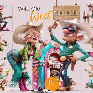 Könnte beinhalten: Digitale Illustration mit Wild-West-Thema, mit Cartoon-Charakteren. Das Bild zeigt eine Jukebox, ein Saloonschild und Figuren, die Instrumente spielen oder singen. Die Farbpalette ist lebendig, mit Rosa, Grün und Blau. Der Text enthält "Wild Old West" und "SALOON."