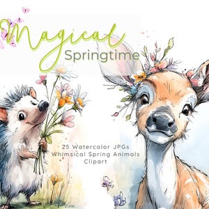 25 imágenes prediseñadas de animales primaverales mágicos: paquete de imágenes en formato JPG de animales de Pascua y del bosque primaveral en acuarela pastel para tarjetas y manualidades.