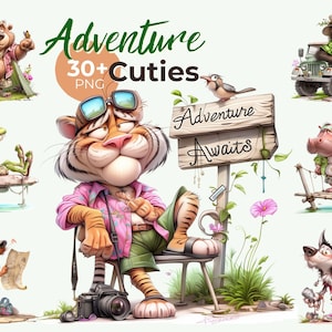 May include: A digital illustration featuring cartoon animals in adventure attire. A tiger wearing sunglasses sits near a sign that reads "Adventure Awaits." Other animals include a bear, crocodile, monkey, hippo, dog, and wolf, all ready for an adventure.