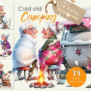 Könnte beinhalten: Digitale Illustration eines älteren Ehepaares beim Camping im Schnee. Das Bild enthält ein Lagerfeuer, einen Wohnwagen und den Text "Cold old Camping". Zusätzliche Bilder zeigen Campingaktivitäten. Enthält ein Etikett mit "4 FREE BACKGROUNDS".