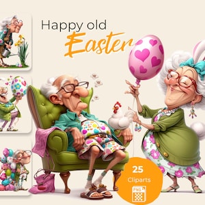 以下が含まれることがあります： イースターを祝う老夫婦のデジタルイラスト。男性は緑のアームチェアで眠り、女性はピンクのハート型の風船を持っています。画像には「Happy old Easter」というテキストと「25 Cliparts」のグラフィックが含まれています。
