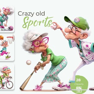 Puede incluir: Ilustración digital de personas mayores practicando deportes. Incluye el texto "Crazy old Sports". Las ilustraciones muestran a una mujer jugando béisbol, baloncesto, fútbol y ciclismo. La imagen incluye 28 cliparts.