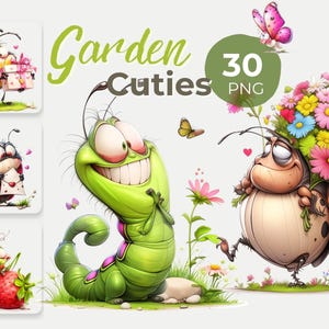 Könnte beinhalten: Verspielte digitale Kunst mit Cartoon-Insekten und dem Text "Garden Cuties 30 PNG". Eine Biene, ein Marienkäfer und eine Raupe sind mit Geschenken, Blumen und Herzen dargestellt. Die Farbpalette umfasst Grün, Rosa, Gelb und Rot.