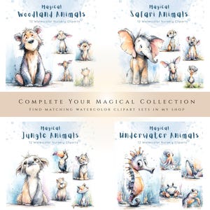 Magical watercolor animal clipart collection featuring woodland, safari, jungle and underwater animals in soft pastel nursery illustration style