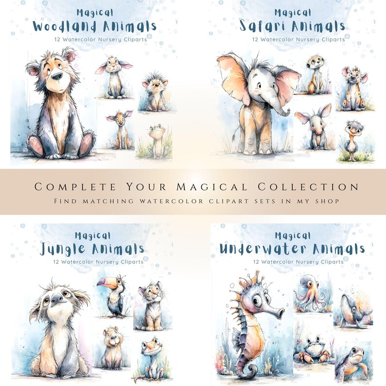 Magical watercolor animal clipart collection featuring woodland, safari, jungle and underwater animals in soft pastel nursery illustration style