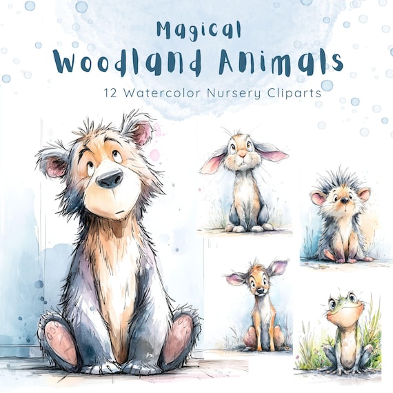 Cute Woodland Animals Clipart – Baby Forest Animals Watercolor JPEG, Soft Whimsical Animal Illustrations for Nursery, Kids Decor & Cards