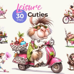 Puede incluir: Ilustración digital con animales de dibujos animados disfrutando de actividades de ocio. Una llama monta una vespa rosa, mientras que otros se relajan en sillas, en bicicletas y en hamacas. Se muestra el texto "Leisure Cuties 30 PNG".