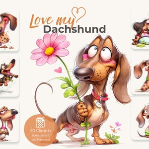 Könnte beinhalten: Eine Sammlung von Cartoon-Dackel-Clipart-Bildern. Das Hauptbild zeigt einen braunen und tanfarbenen Dackel, der eine große rosa Blume hält. Der Text "Love my Dachshund" steht über dem Hund. Weitere Bilder zeigen den Hund in verschiedenen Posen.