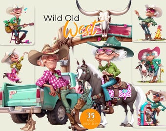 Western Grandma & Grandpa Clipart Bundle – Funny Cowboy Seniors PNG – Country Clip Art Wild Old West, 35 Characters for Gifts, Cards