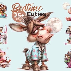 Pode incluir: Uma coleção digital de mais de 25 ilustrações PNG Bedtime Cuties com animais de desenho animado de pijama, incluindo um burro, cão, macaco, suricata e hipopótamo, com expressões de sono e acessórios noturnos como luas e camas.
