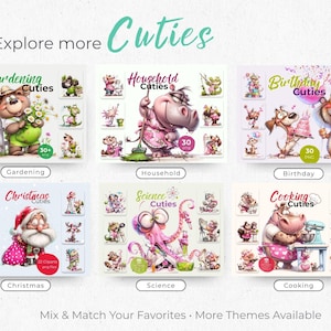 Cute animals clipart bundle collection overview featuring gardening, household, birthday, christmas, science and cooking themes, whimsical cartoon animal PNG designs for Cricut, stickers and small business use