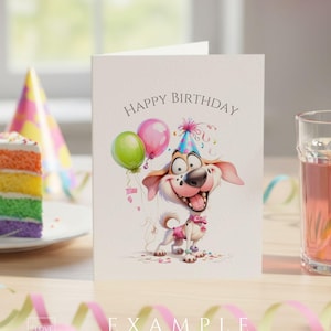 Birthday greeting card mockup featuring a cute watercolor dog with balloons and party hat from the Birthday Cuties animal clipart bundle, example birthday card design for kids, printable birthday illustration used on greeting cards