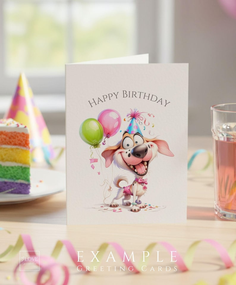 Birthday greeting card mockup featuring a cute watercolor dog with balloons and party hat from the Birthday Cuties animal clipart bundle, example birthday card design for kids, printable birthday illustration used on greeting cards