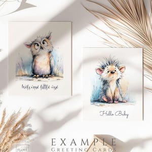 Nursery greeting card mockup featuring watercolor woodland animals with baby messages, soft neutral nursery decor example using owl and hedgehog illustrations