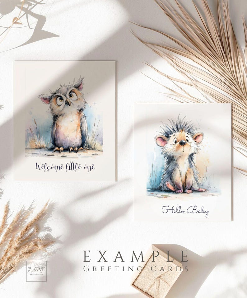 Nursery greeting card mockup featuring watercolor woodland animals with baby messages, soft neutral nursery decor example using owl and hedgehog illustrations