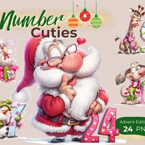 Könnte beinhalten: Eine Sammlung von digitalen Illustrationen zum Thema Weihnachten mit Zeichentrickfiguren und Zahlen. Der Weihnachtsmann, ein Schneemann, eine Giraffe und ein Hund werden mit den Zahlen 7, 9, 16, 17 und 24 dargestellt. Der Text "Number Cuties" und "Advent Edition 24 PNG" sind ebenfalls vorhanden.