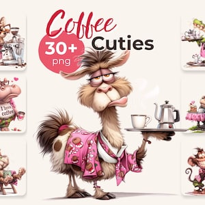 Puede incluir: Ilustración digital con personajes de animales caprichosos, incluyendo un zorro, un hipopótamo, un cocodrilo, un gorila, un gato, una llama y un mono, todos con accesorios relacionados con el café. El texto "Coffee Cuties 30+ png" está incluido.