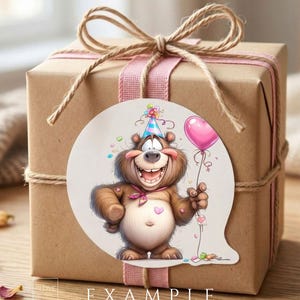 Cute birthday animal clipart bear with balloon used as gift tag sticker on wrapped present, funny cartoon birthday design for cards, stickers and party decorations