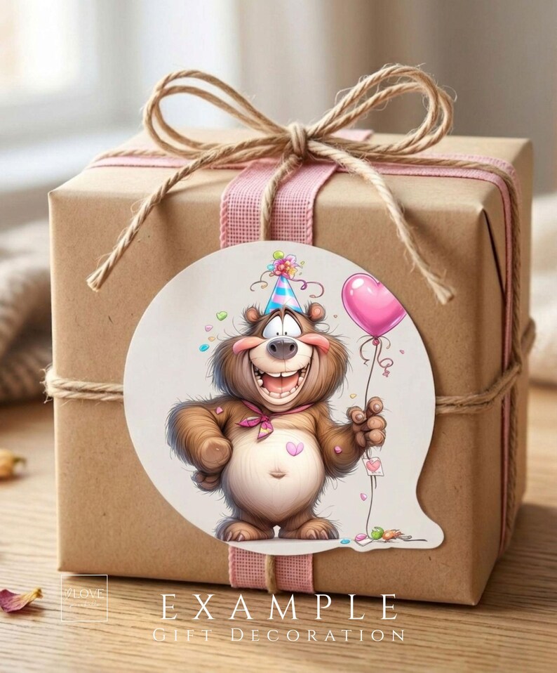 Cute birthday animal clipart bear with balloon used as gift tag sticker on wrapped present, funny cartoon birthday design for cards, stickers and party decorations