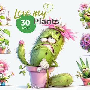 Può includere: Una collezione di 30 immagini PNG con piante dei cartoni animati con facce espressive. Le piante includono cactus, fiori e piante grasse in vaso, con il testo "Love my 30 Plants". Le illustrazioni hanno uno stile stravagante e colorato.
